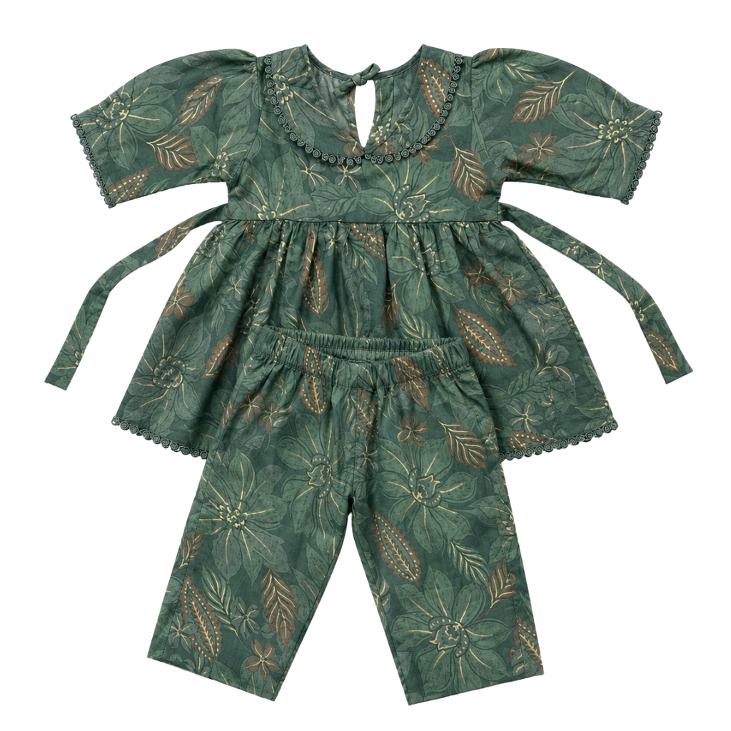 Girls Green Floral Cotton Kurti & Pant Co-Ord Set | Soft Ethnic Outfit for Kids