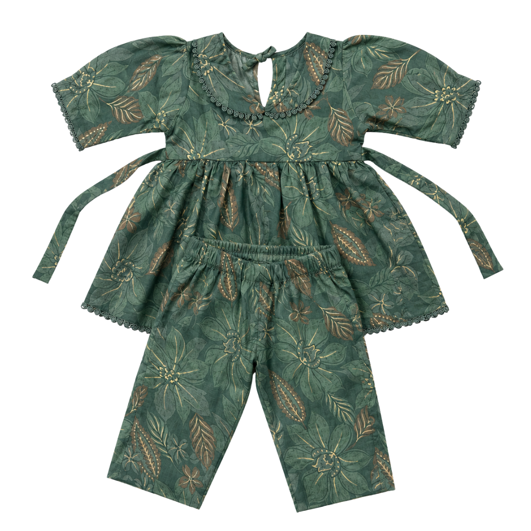 Girls Green Floral Cotton Kurti & Pant Co-Ord Set | Soft Ethnic Outfit for Kids