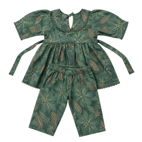 Girls Green Floral Cotton Kurti & Pant Co-Ord Set | Soft Ethnic Outfit for Kids