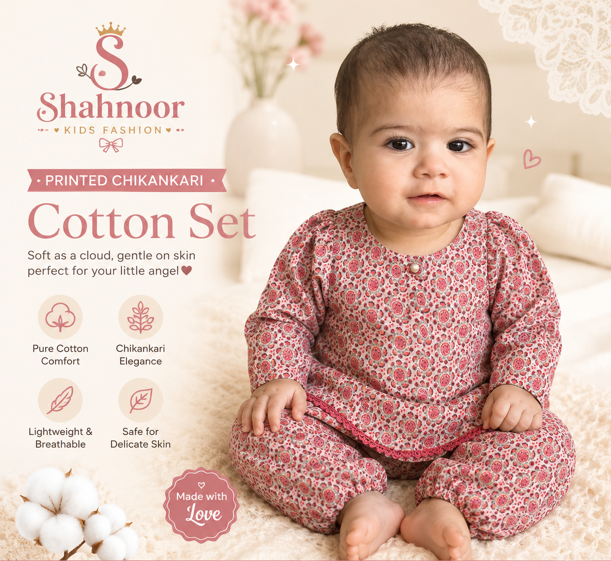 Premium Chikankari Cotton Baby Girls Co-Ord Set | Floral Full Sleeve Top & Harem Pants | Soft & Comfortable Ethnic Wear