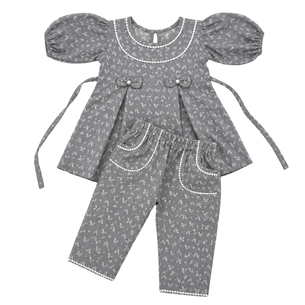 Girls Grey Floral Cotton Kurti & Pant Co-Ord Set | Puff Sleeve Ethnic Outfit for Kids