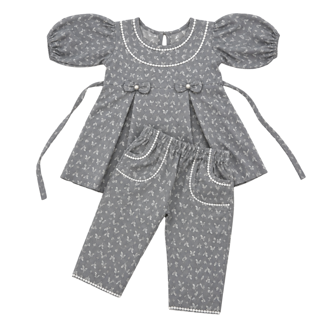 Girls Grey Floral Cotton Kurti & Pant Co-Ord Set | Puff Sleeve Ethnic Outfit for Kids