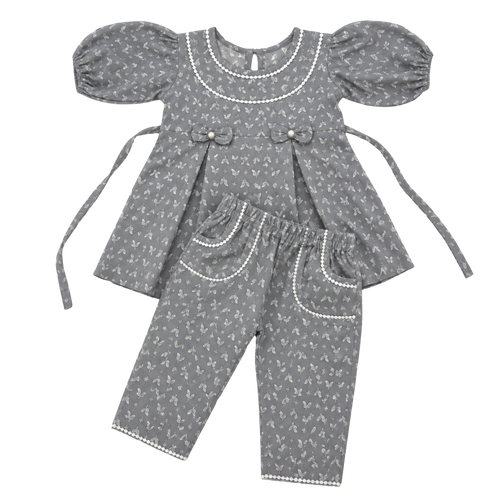 Girls Grey Floral Cotton Kurti & Pant Co-Ord Set | Puff Sleeve Ethnic Outfit for Kids