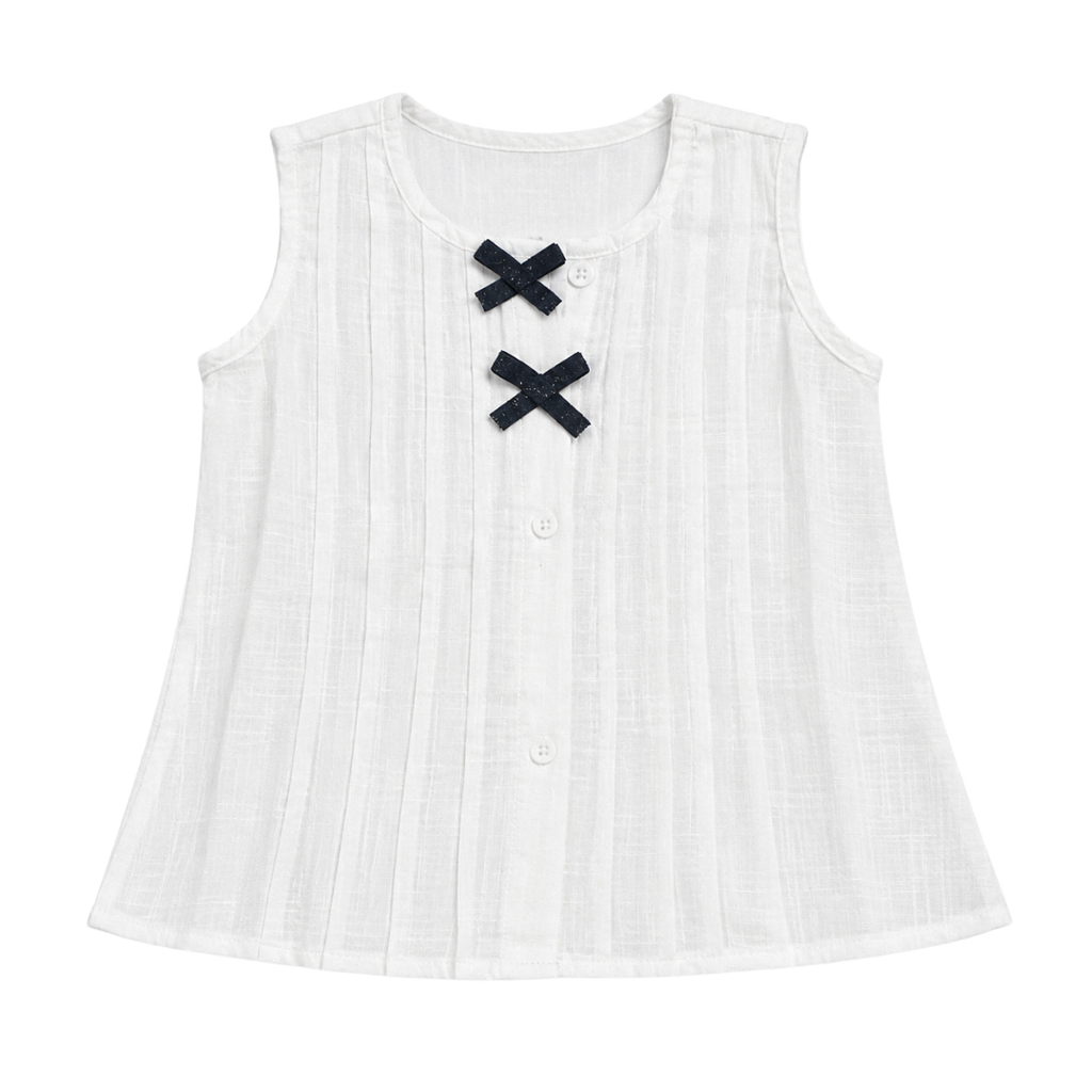 Girls White Cotton Sleeveless A-Line Kurti with Black Bow Detail | Soft & Comfortable Ethnic Top