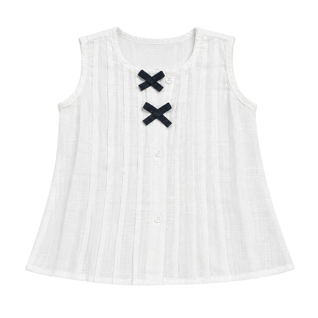 Girls White Cotton Sleeveless A-Line Kurti with Black Bow Detail | Soft & Comfortable Ethnic Top