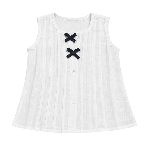 Girls White Cotton Sleeveless A-Line Kurti with Black Bow Detail | Soft & Comfortable Ethnic Top