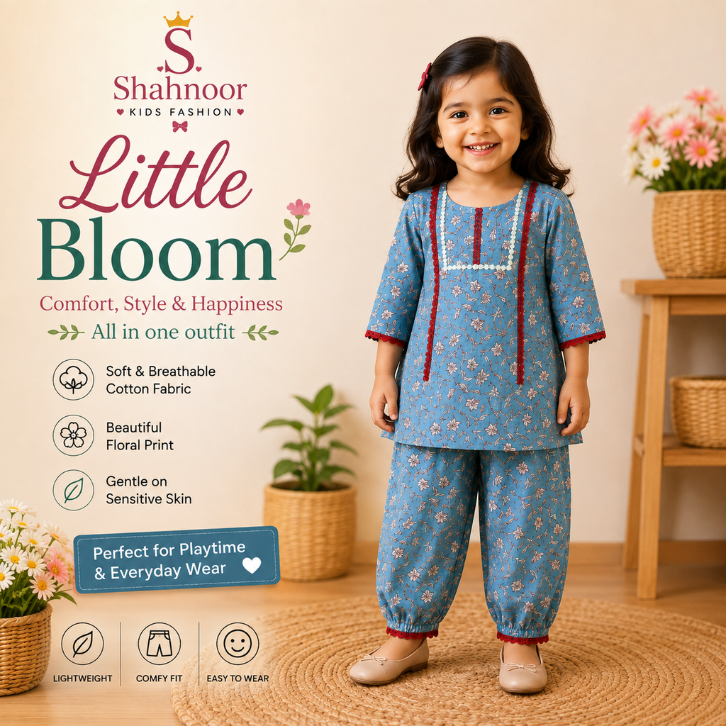 Girls Blue Floral Cotton Kurti & Harem Pant Co-Ord Set | Soft Ethnic Wear for Kids