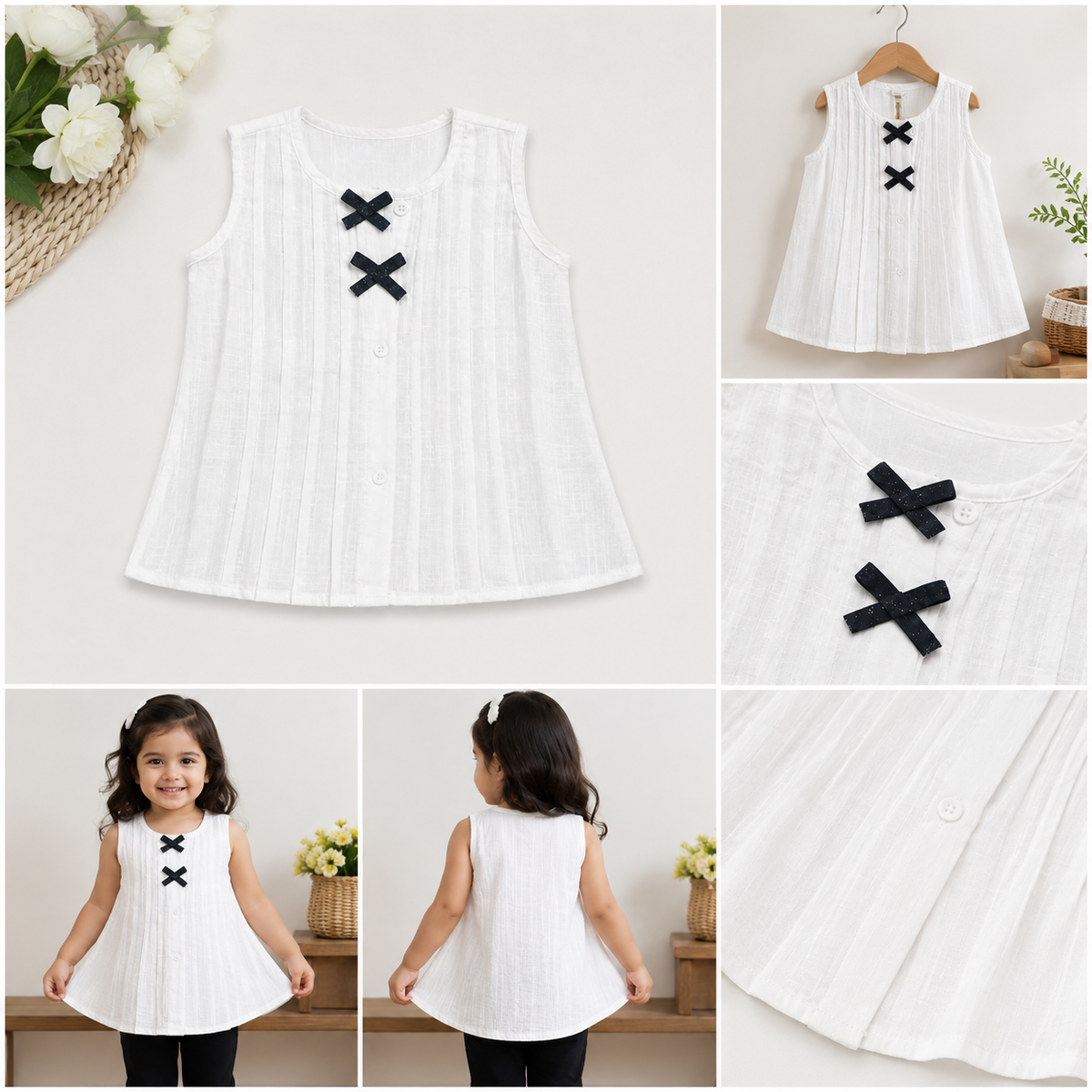 Girls White Cotton Sleeveless A-Line Kurti with Black Bow Detail | Soft & Comfortable Ethnic Top
