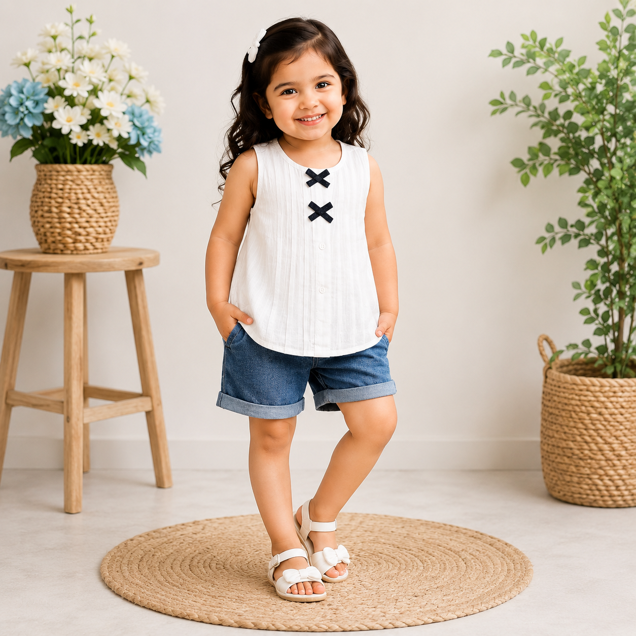 Girls White Cotton Sleeveless A-Line Kurti with Black Bow Detail | Soft & Comfortable Ethnic Top