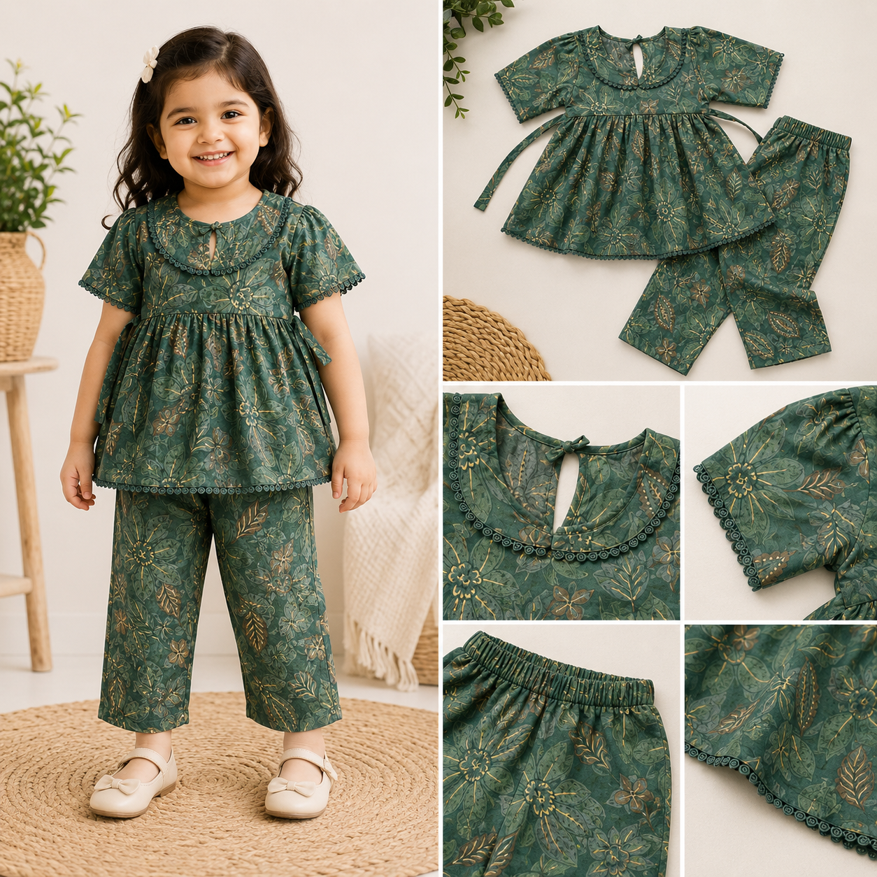 Girls Green Floral Cotton Kurti & Pant Co-Ord Set | Soft Ethnic Outfit for Kids