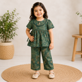Girls Green Floral Cotton Kurti & Pant Co-Ord Set | Soft Ethnic Outfit for Kids
