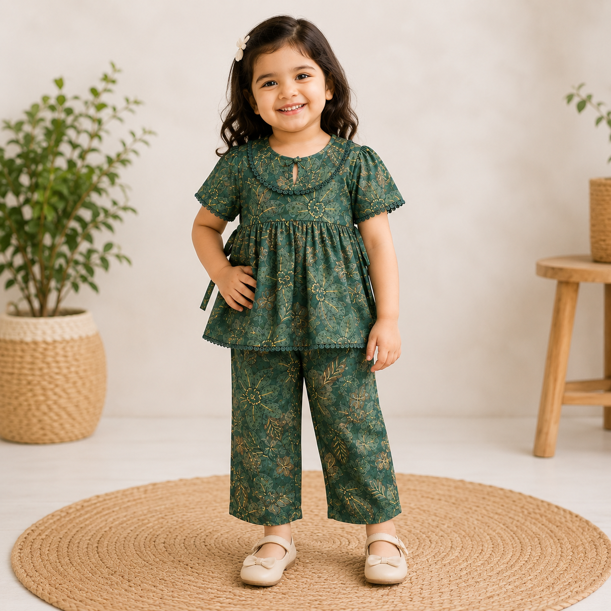 Girls Green Floral Cotton Kurti & Pant Co-Ord Set | Soft Ethnic Outfit for Kids