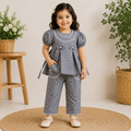 Girls Grey Floral Cotton Kurti & Pant Co-Ord Set | Puff Sleeve Ethnic Outfit for Kids