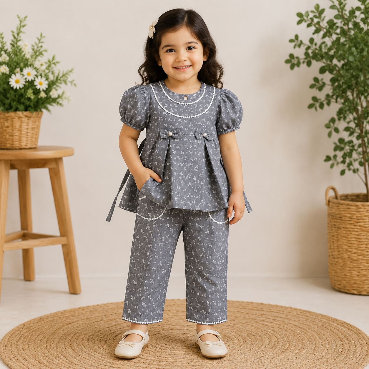 Girls Grey Floral Cotton Kurti & Pant Co-Ord Set | Puff Sleeve Ethnic Outfit for Kids