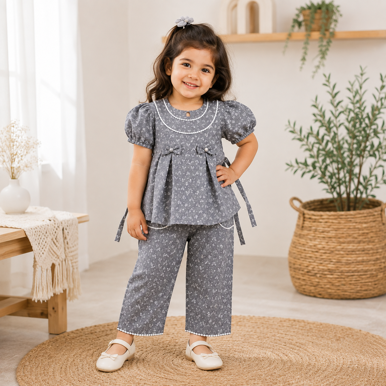 Girls Grey Floral Cotton Kurti & Pant Co-Ord Set | Puff Sleeve Ethnic Outfit for Kids