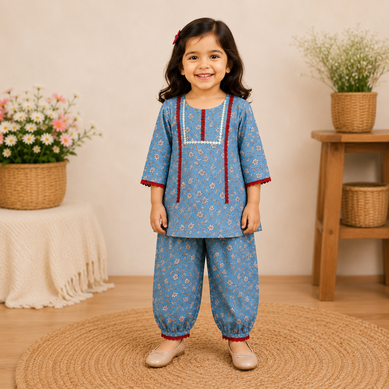 Girls Blue Floral Cotton Kurti & Harem Pant Co-Ord Set | Soft Ethnic Wear for Kids