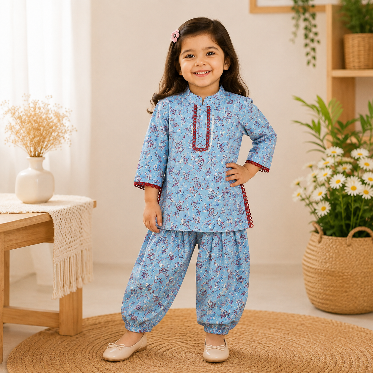 Girls Blue Floral Cotton Kurti & Harem Pant Co-Ord Set | Soft Ethnic Wear for Kids