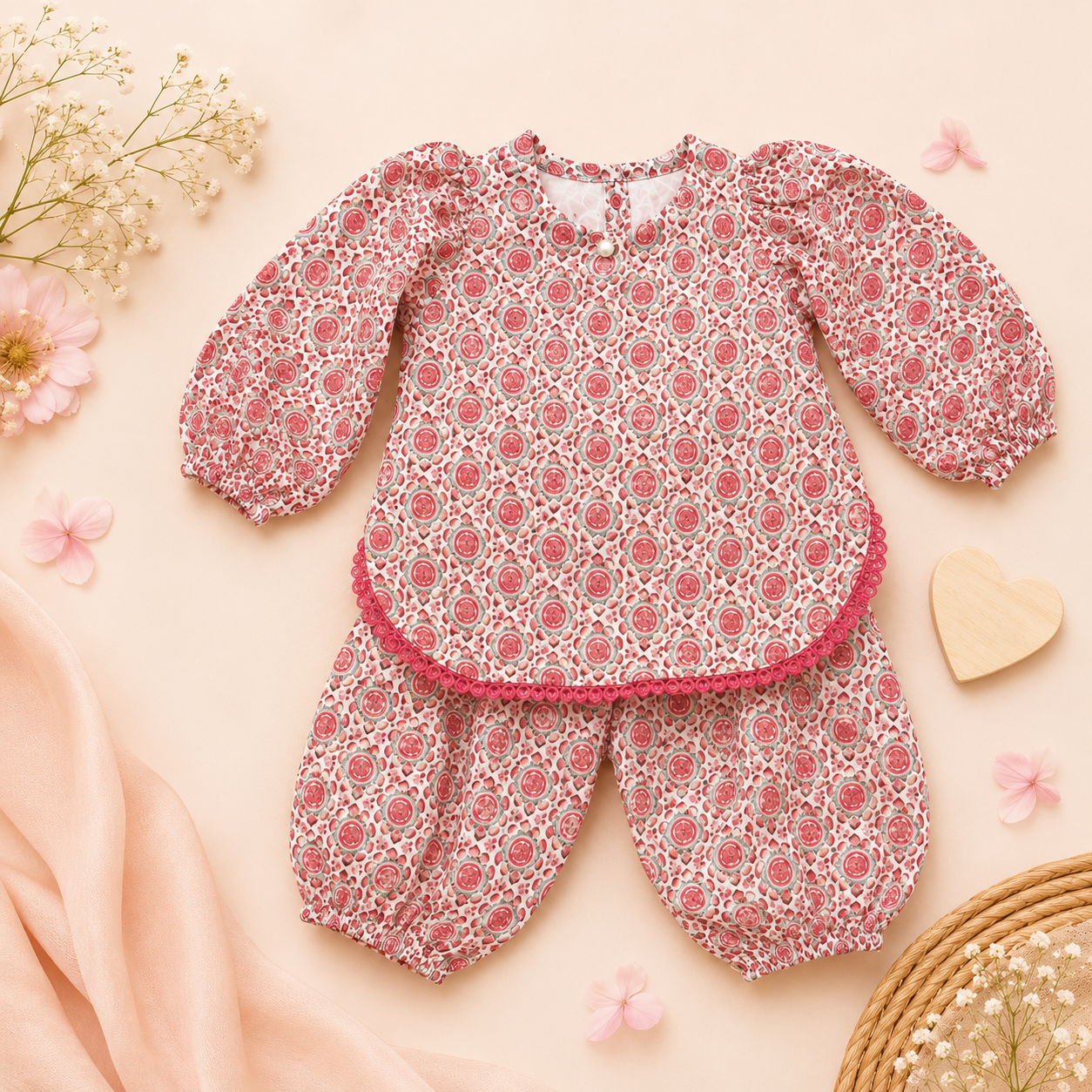 Premium Chikankari Cotton Baby Girls Co-Ord Set | Floral Full Sleeve Top & Harem Pants | Soft & Comfortable Ethnic Wear