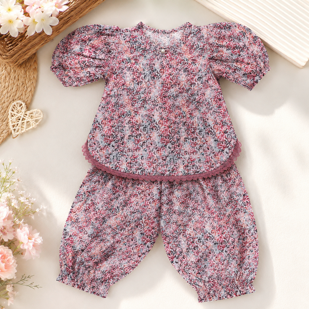 Premium Chikankari Cotton Baby Girls Co-Ord Set | Floral Full Sleeve Top & Harem Pants | Soft & Comfortable Ethnic Wear
