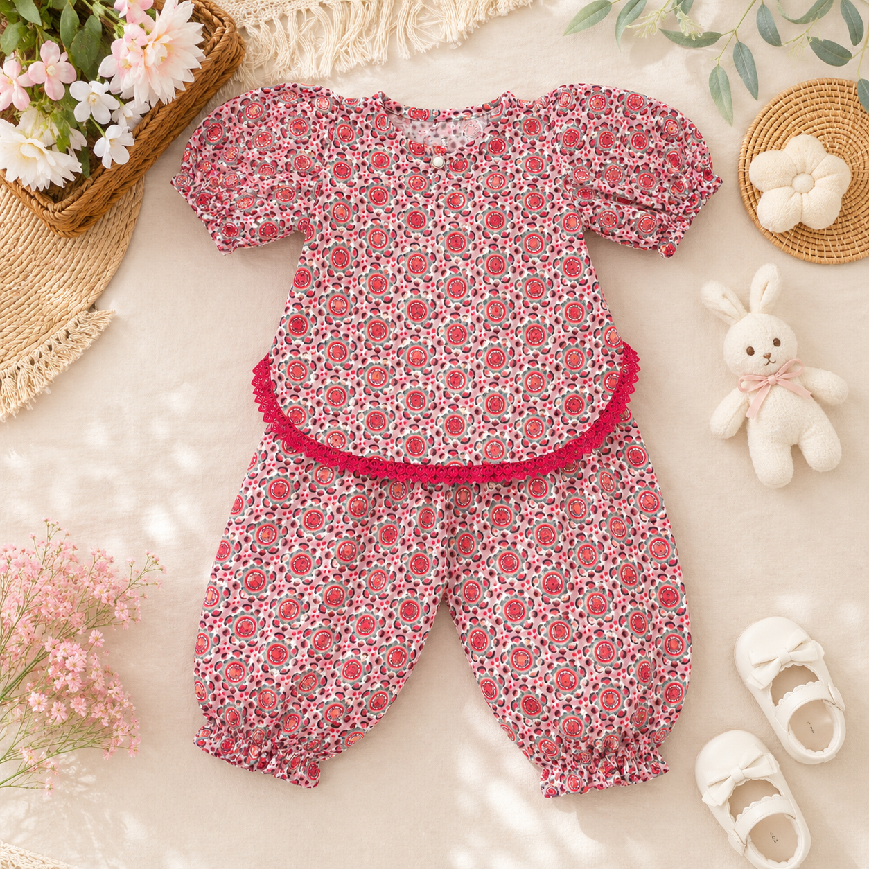 Premium Chikankari Cotton Baby Girls Co-Ord Set | Floral Full Sleeve Top & Harem Pants | Soft & Comfortable Ethnic Wear