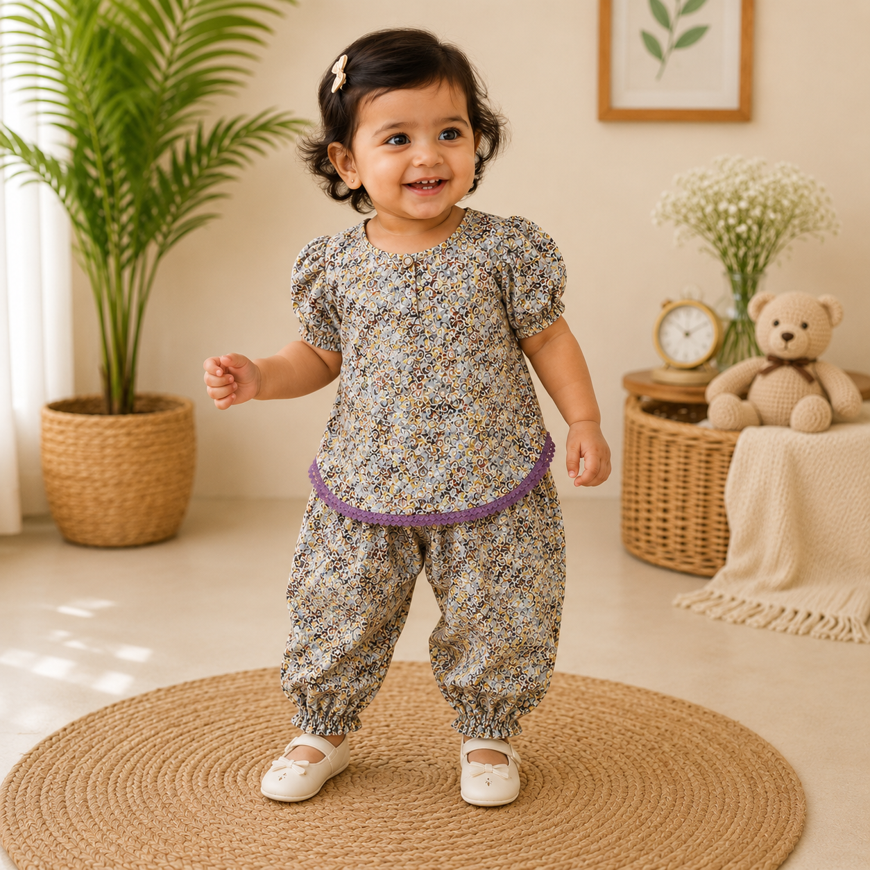 Premium Chikankari Cotton Baby Girls Co-Ord Set | Floral Full Sleeve Top & Harem Pants | Soft & Comfortable Ethnic Wear