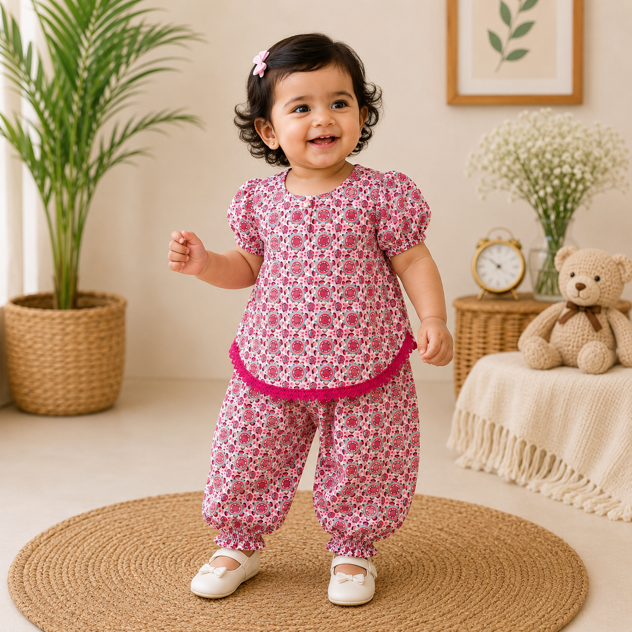 Premium Chikankari Cotton Baby Girls Co-Ord Set | Floral Full Sleeve Top & Harem Pants | Soft & Comfortable Ethnic Wear