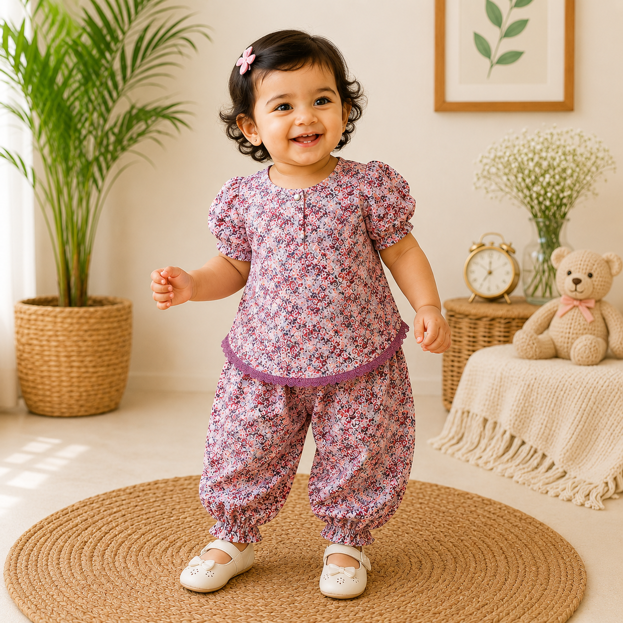 Premium Chikankari Cotton Baby Girls Co-Ord Set | Floral Full Sleeve Top & Harem Pants | Soft & Comfortable Ethnic Wear