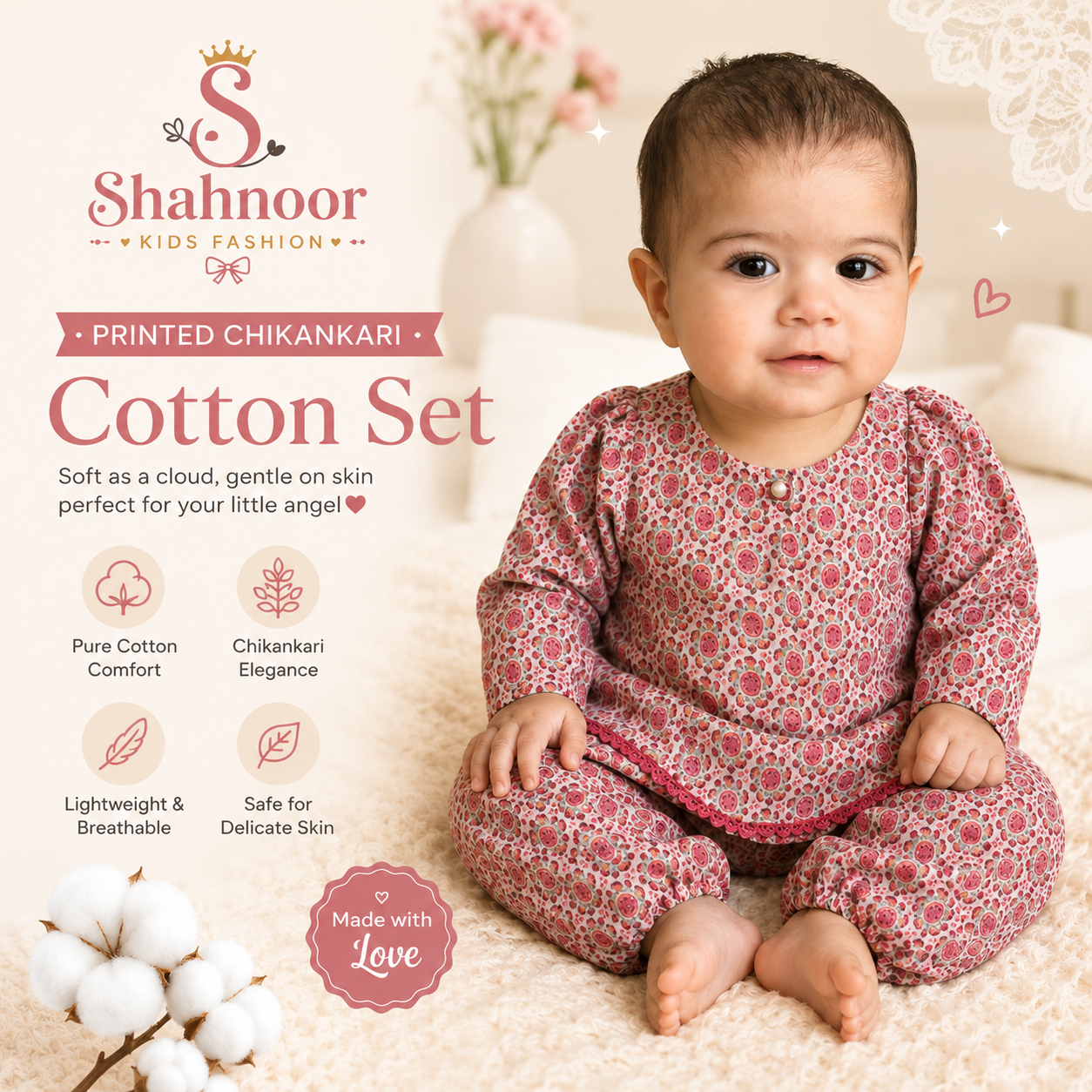 Premium Chikankari Cotton Baby Girls Co-Ord Set | Floral Full Sleeve Top & Harem Pants | Soft & Comfortable Ethnic Wear