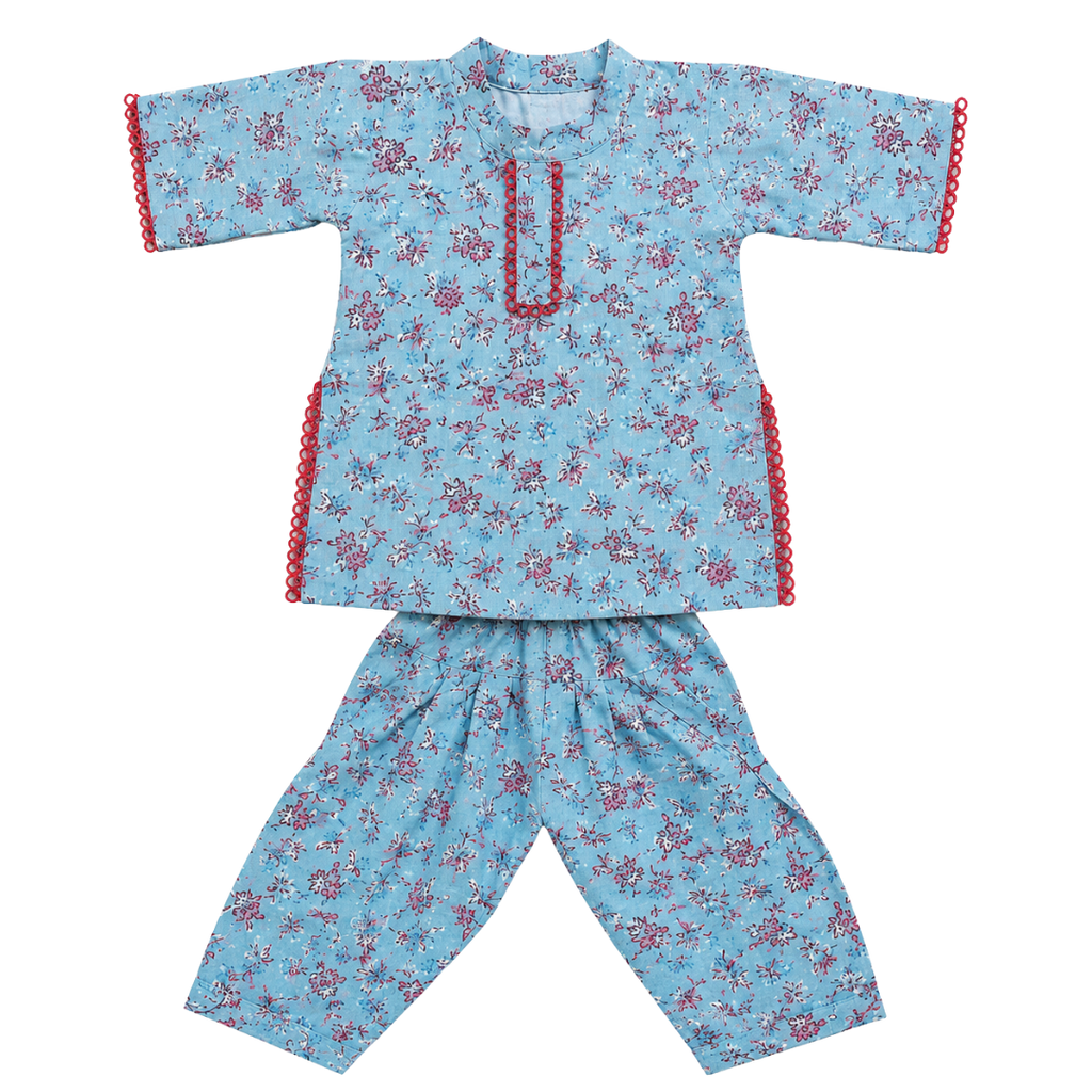 Girls Blue Floral Cotton Kurti & Harem Pant Co-Ord Set | Soft Ethnic Wear for Kids