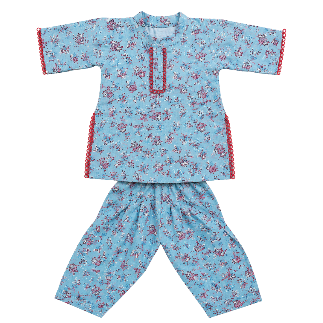 Girls Blue Floral Cotton Kurti & Harem Pant Co-Ord Set | Soft Ethnic Wear for Kids