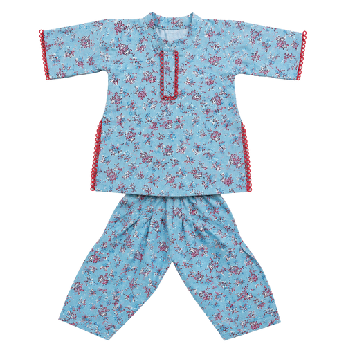 Girls Blue Floral Cotton Kurti & Harem Pant Co-Ord Set | Soft Ethnic Wear for Kids